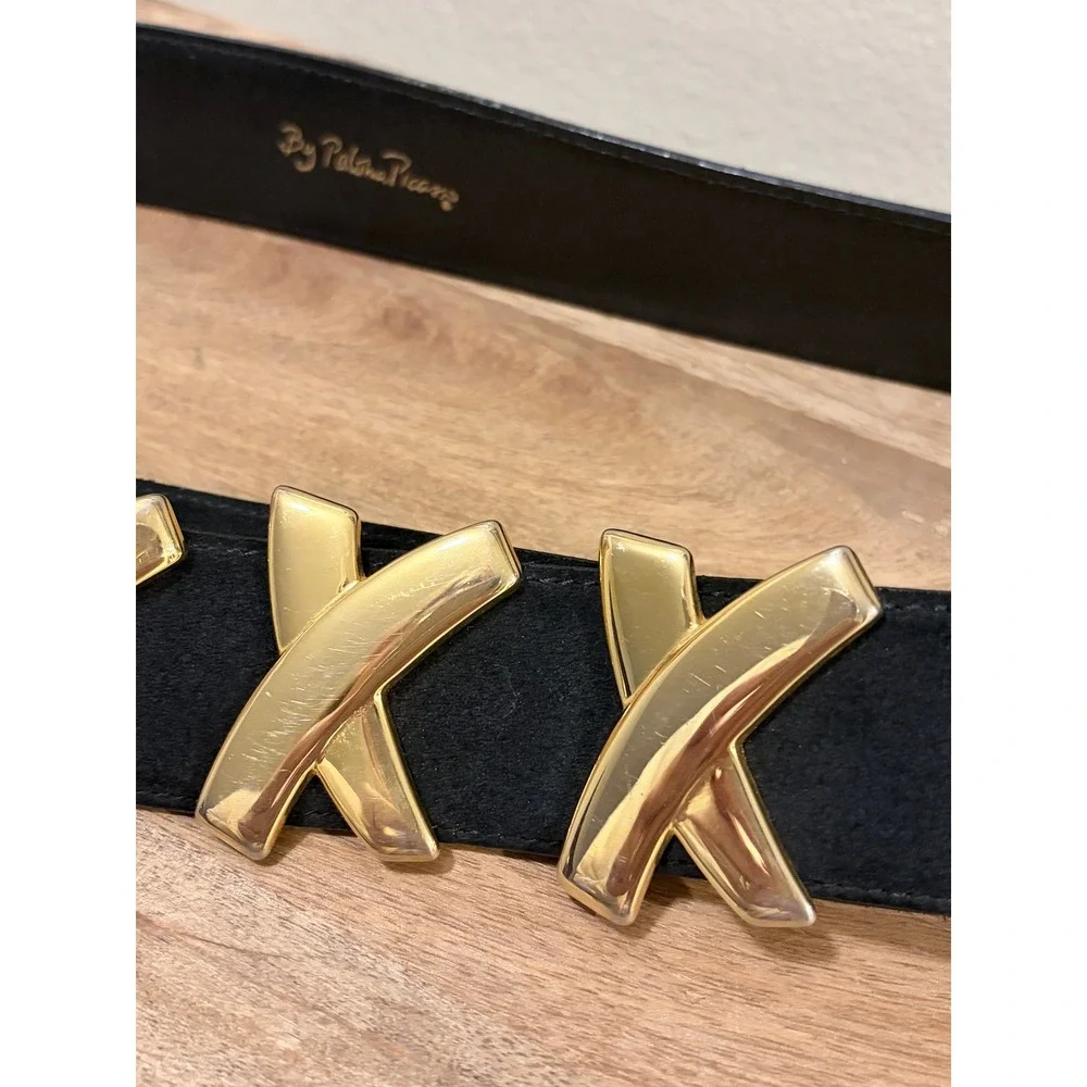 Paloma Picasso Vintage 90s Black Leather Gold X Motif Belt Size L 80